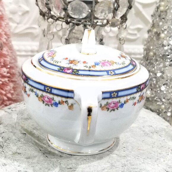 TK Thuny CARLTON Sugar Bowl & Creamer Set - Czechoslovakia Thun Roses Blue Rim - Picture 4 of 10